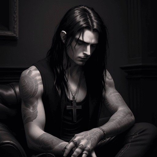 AI generated: A digital painting of a brooding, goth man with long messy black hair, tattoos, and casual dark clot...