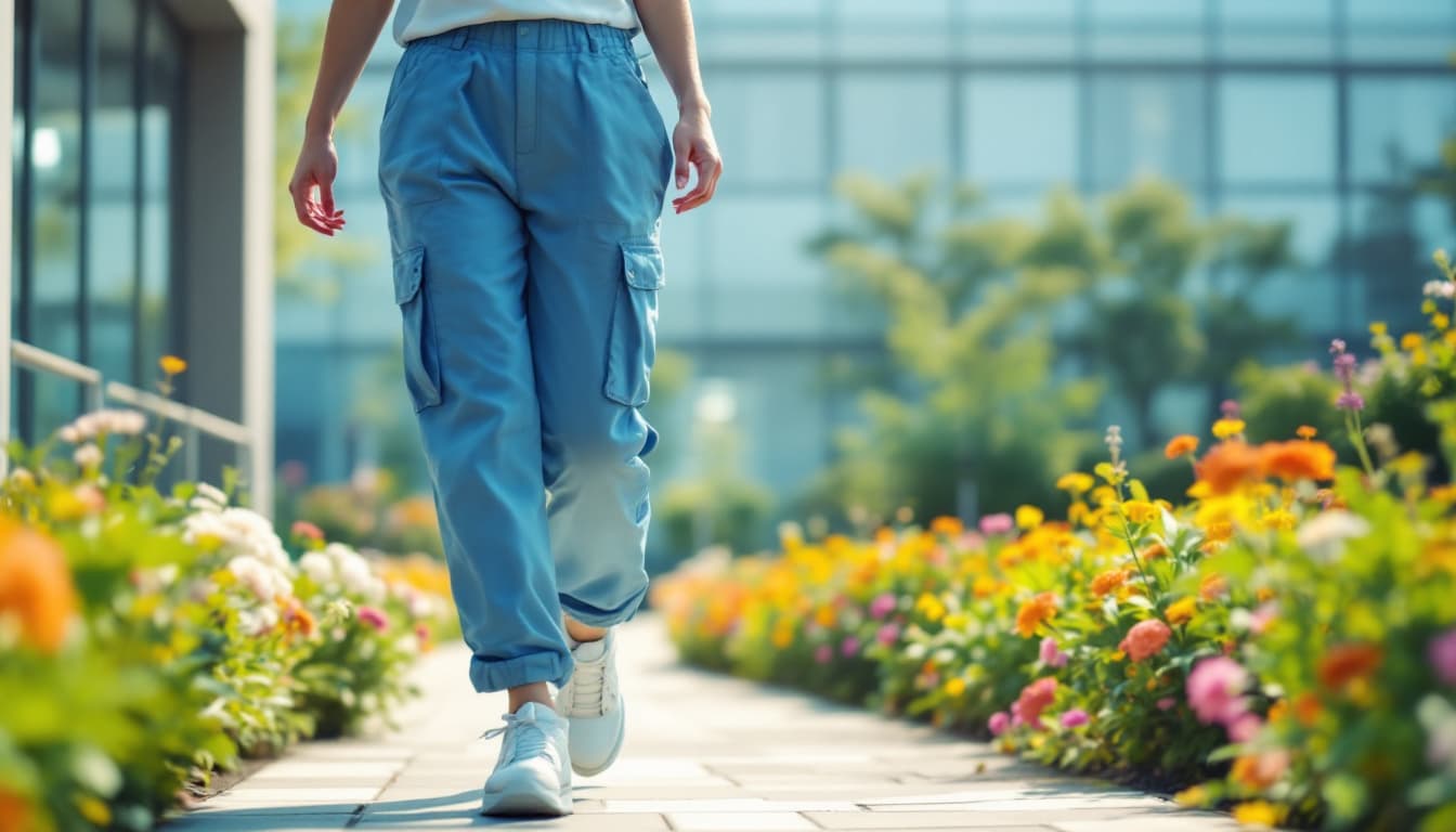AI generated: Japanese female worker in her late 20s walking outdoors along a garden path on her way to work. She ...