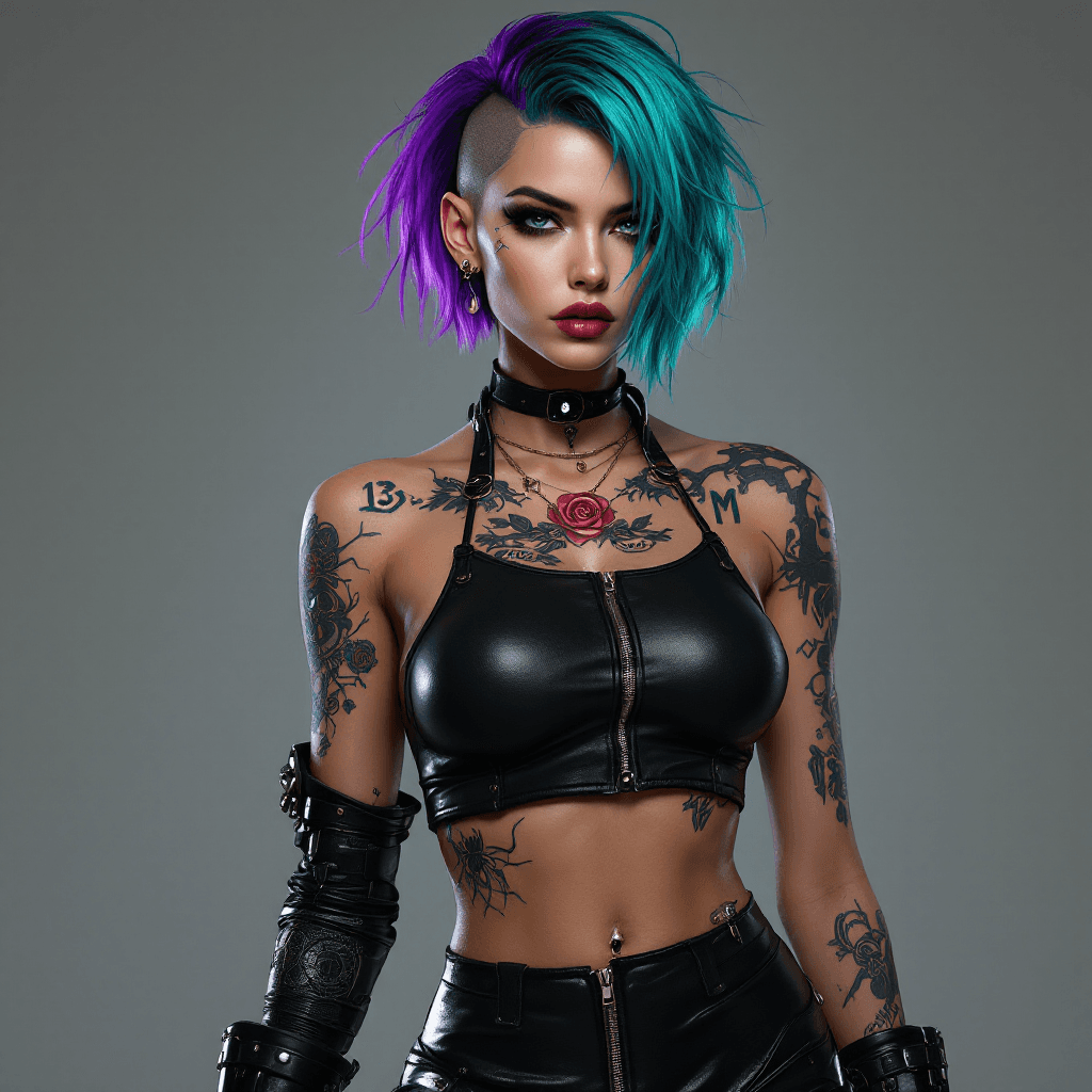 AI generated: A hyper-realistic, full-body portrait of Judy Alvarez from Cyberpunk 2077, posing stylishly for a pr...