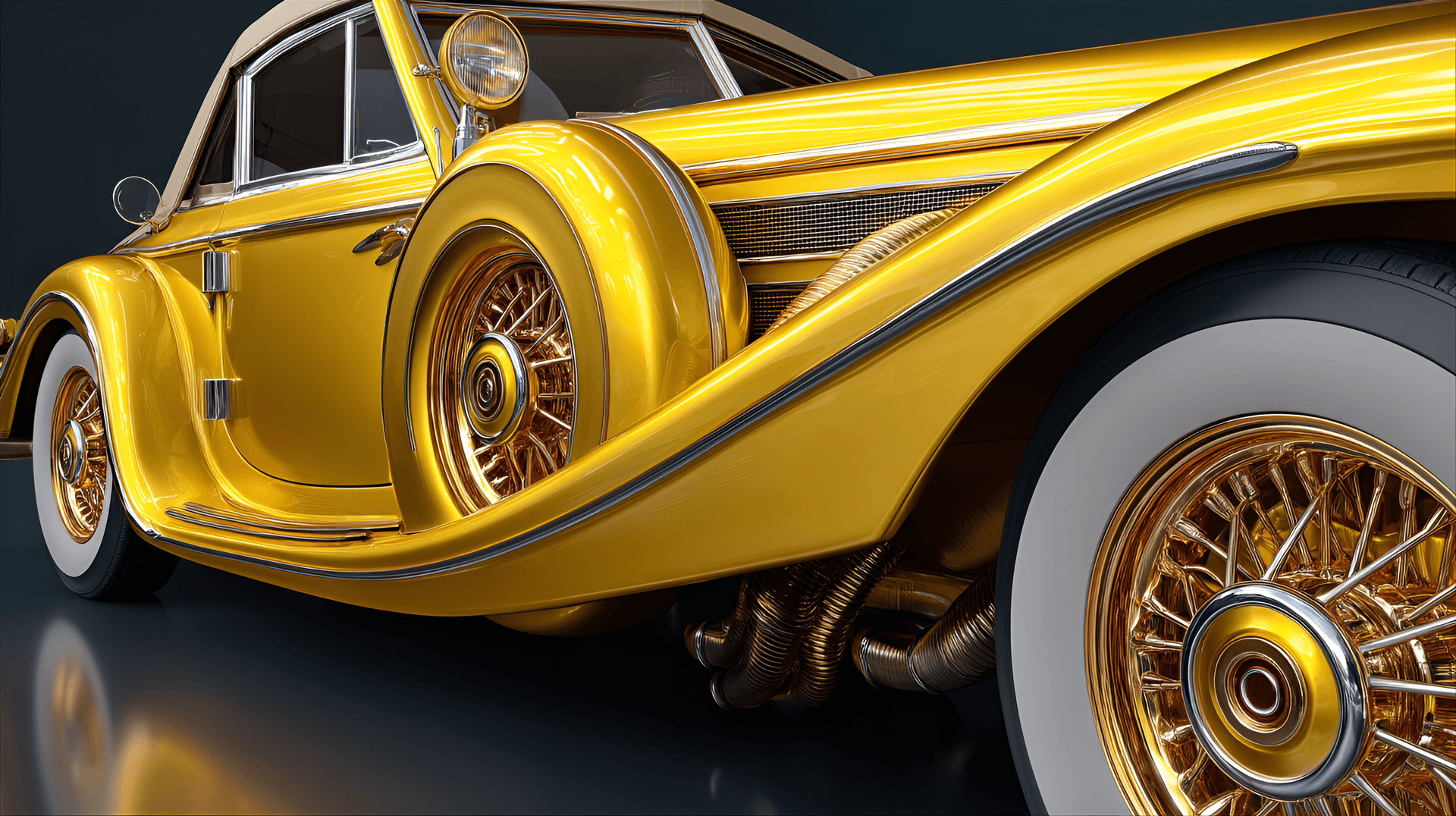 AI generated: highly polished, golden-yellow vintage car, full shot,  luxurious classic car,  ornate details,  ric...