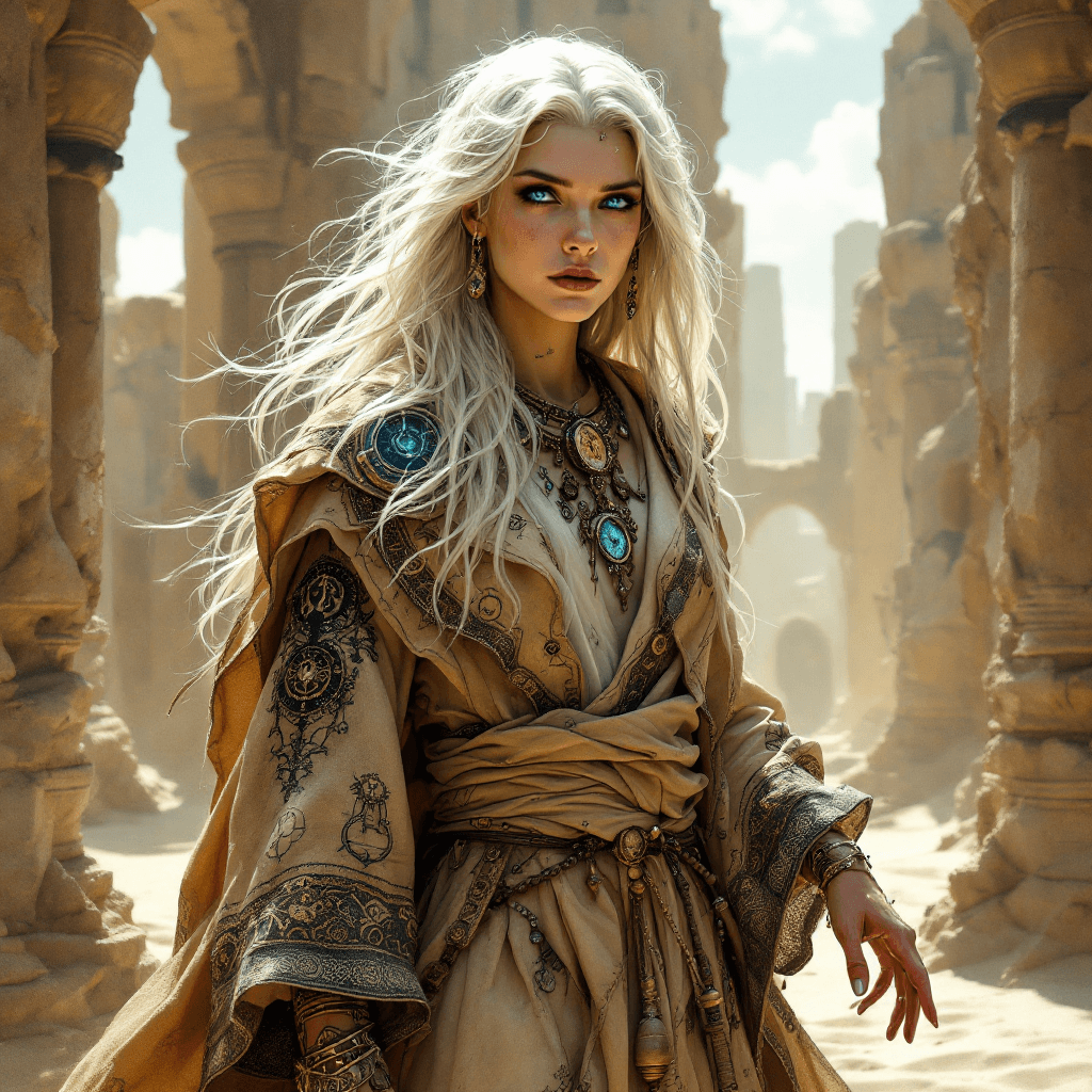 AI generated: 16. The Chronomancer of the Shifting Sands: A mysterious sorceress with long, platinum blonde hair t...