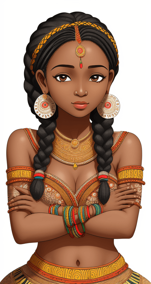 AI generated: Cute Tanzanian woman, braided hair, intricate tribal jewellery, in the style of Madhubani painting, ...