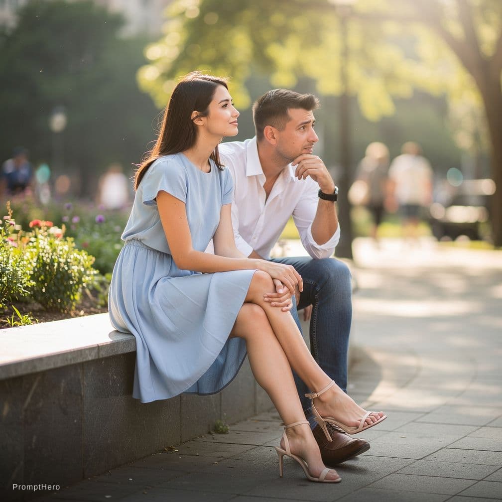 AI generated: A young woman and man sit outdoors on a low wall or bench in what appears to be a park or public spa...