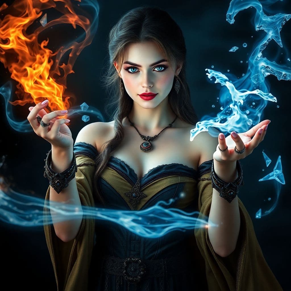 AI generated: A stunning slim female wizard stands poised in a magical dark fantasy realm, casting a mesmerizing s...