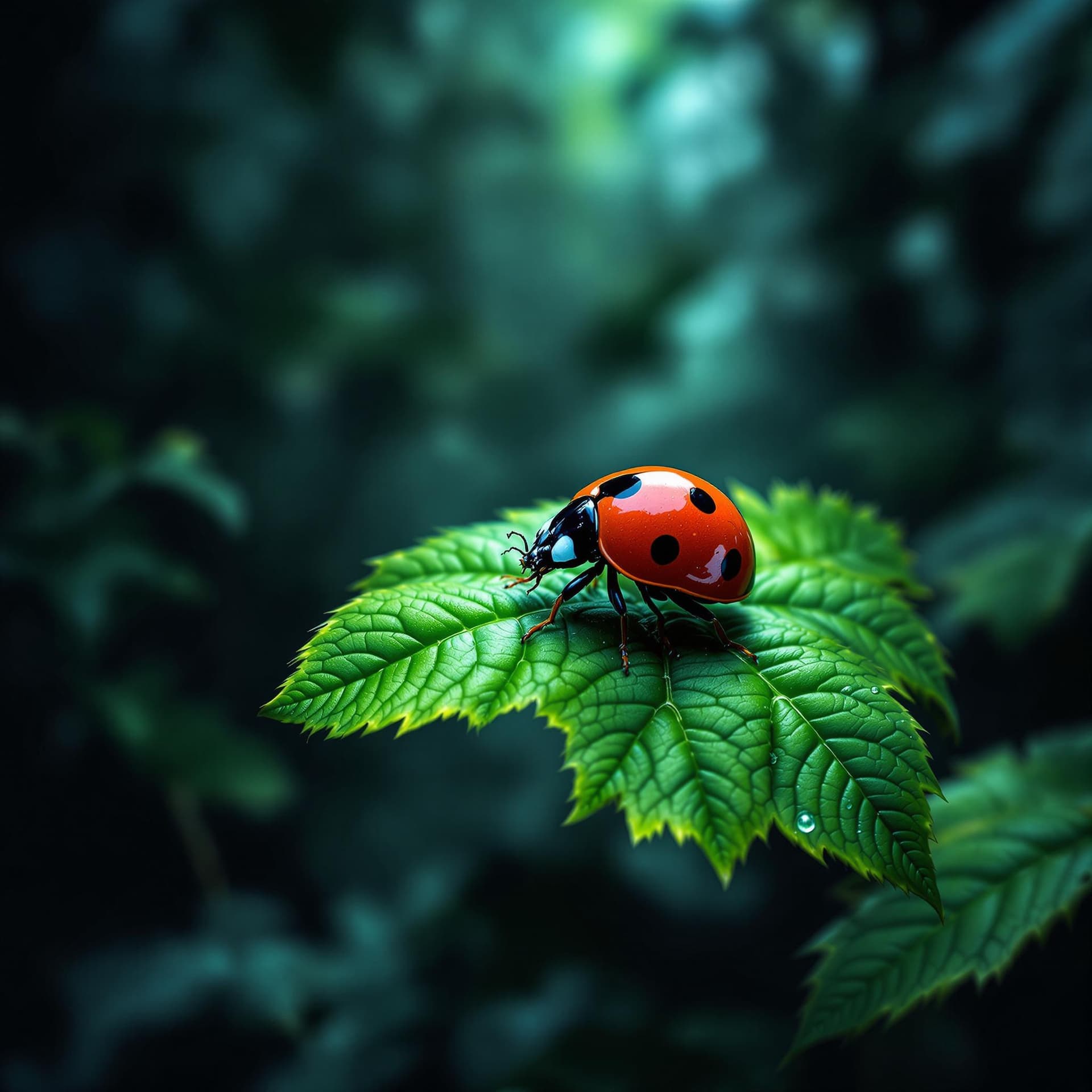 AI generated: A ladybug sitting on a beautiful green leaf with a scary background