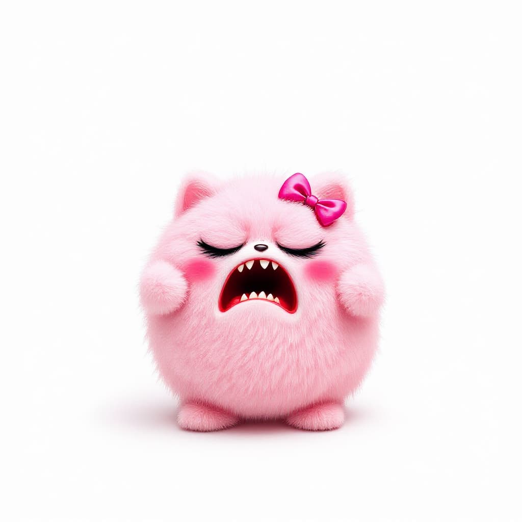 AI generated: very disgust face pink fluffy character wearing a pink bow on white background.