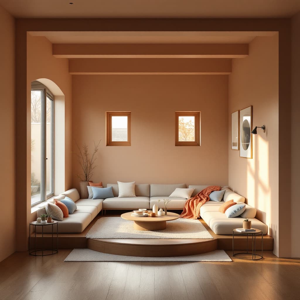 AI generated: High resolution photography interior design, dreamy sunken living room conversation pit, wooden floo...
