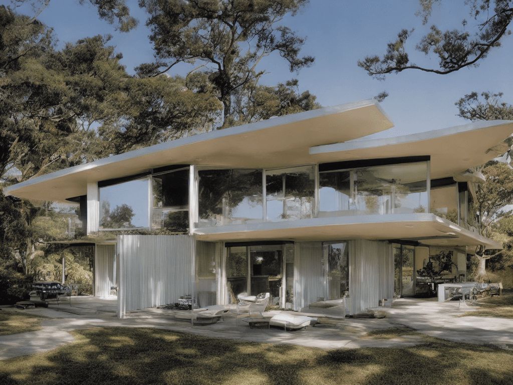 AI generated: Hyper realistic eye level exterior photo of a mid century modern style house overlooking the ocean, ...