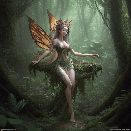 AI generated: Imagine a breathtaking full-body illustration of a stunning wood nymph in a lush forest. This enchan...