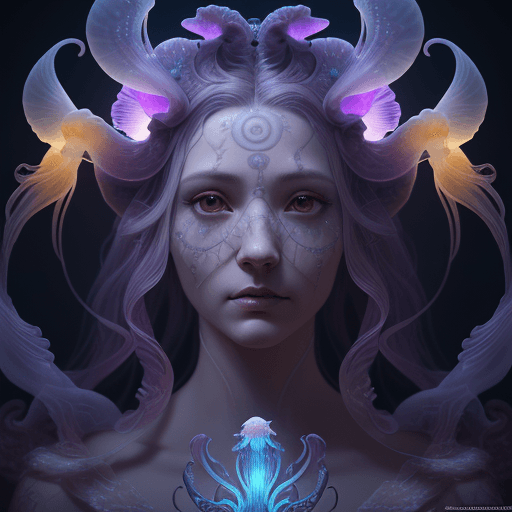 AI generated: Goddess close-up portrait ribcagel. jellyfish phoenix head, nautilus, orchid, skull, betta fish, bio...