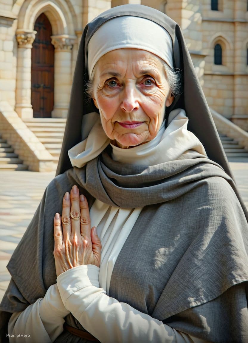 AI generated: Hyper realistic full body view of beautiful 55yo nun, delicate hands with long slender fingers, midd...