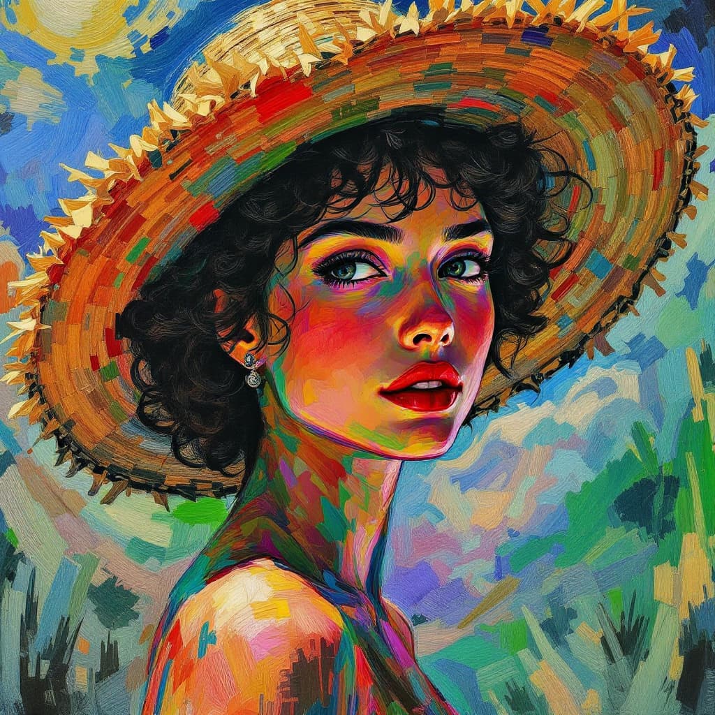 AI generated: Portrait of a woman wearing a beautiful straw hat, Art Nouveau, Neo-Impressionism, Charcoal illustra...