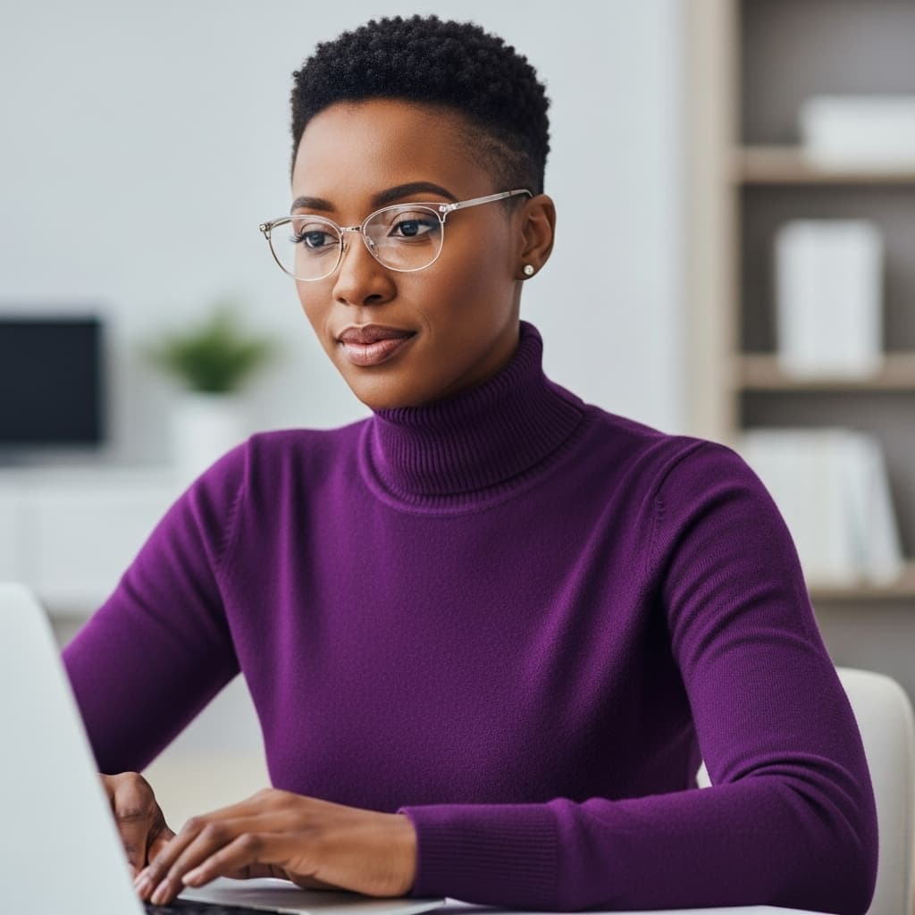 AI generated: Photo of a woman in an office, purple turtleneck, glasses, typing on a laptop. Studio soft lighting,...