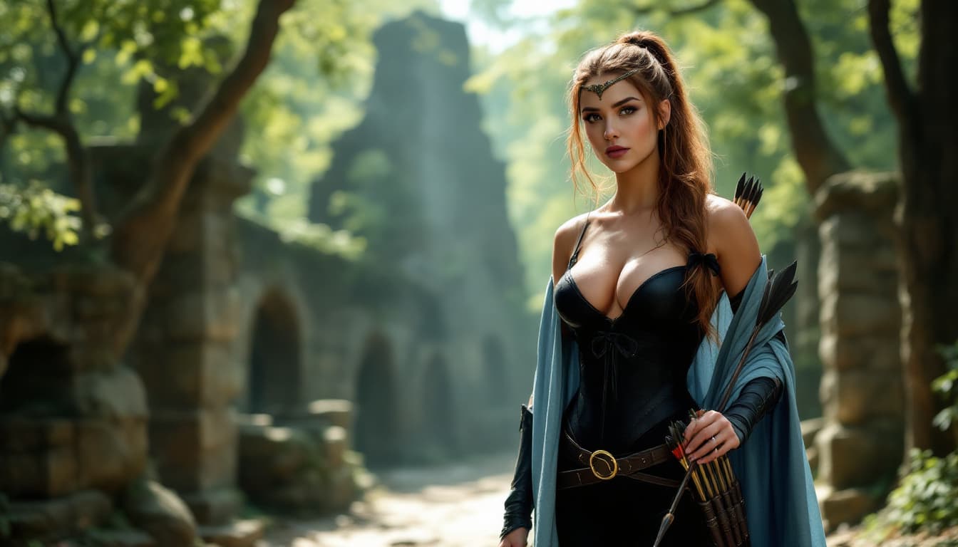 AI generated: a woman in a fantasy setting, exuding a sense of strength and focus. The woman has long brown hair, ...
