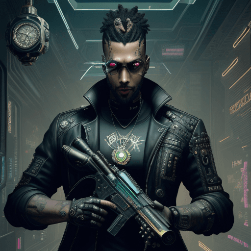 AI generated: (((Tarot card))), Tarot card frame made of cyberpunk clocks, Portrait of a man holding a gun, very d...