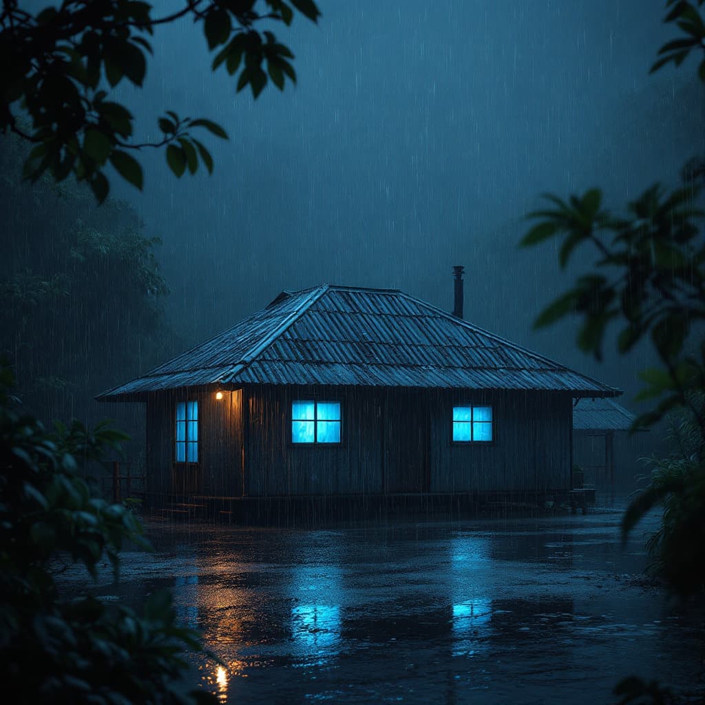 AI generated: A hyper-realistic 8K scene during an intense storm on a very dark night. The image centers on an iso...