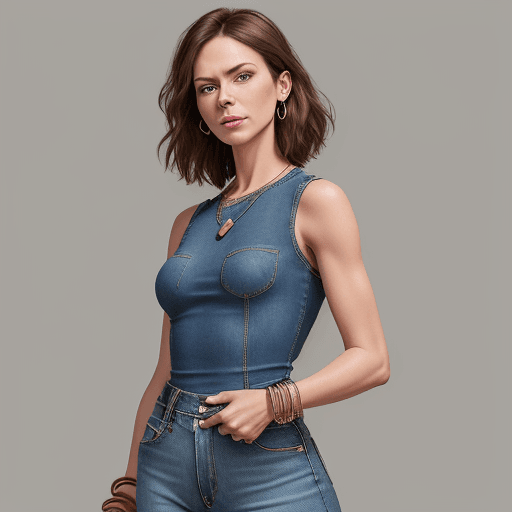 AI generated: A photorealistic image of a woman in a stylish denim ensemble. She wears a sleeveless, form-fitting ...