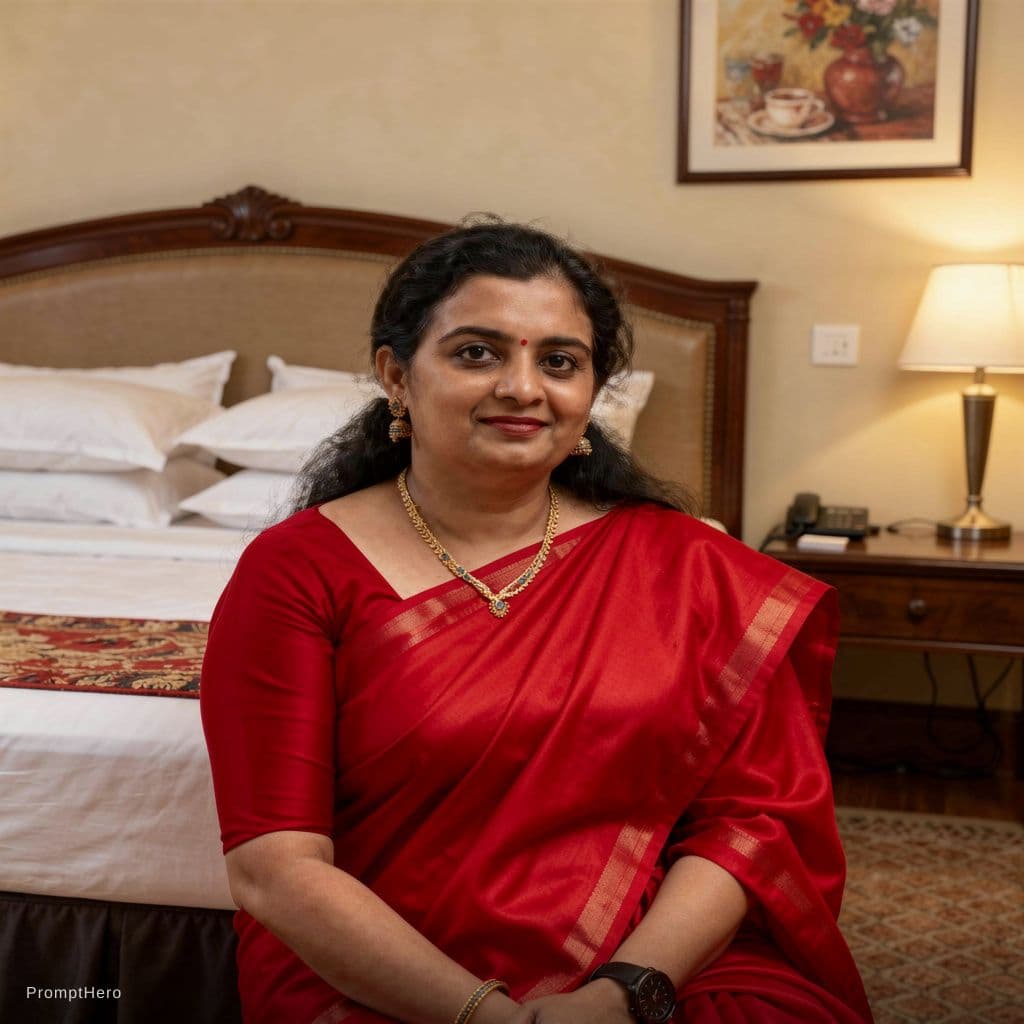 AI generated: a very large breasted lady in red saree with huge cleavage, 1girl, solo, breasts, looking at viewer,...