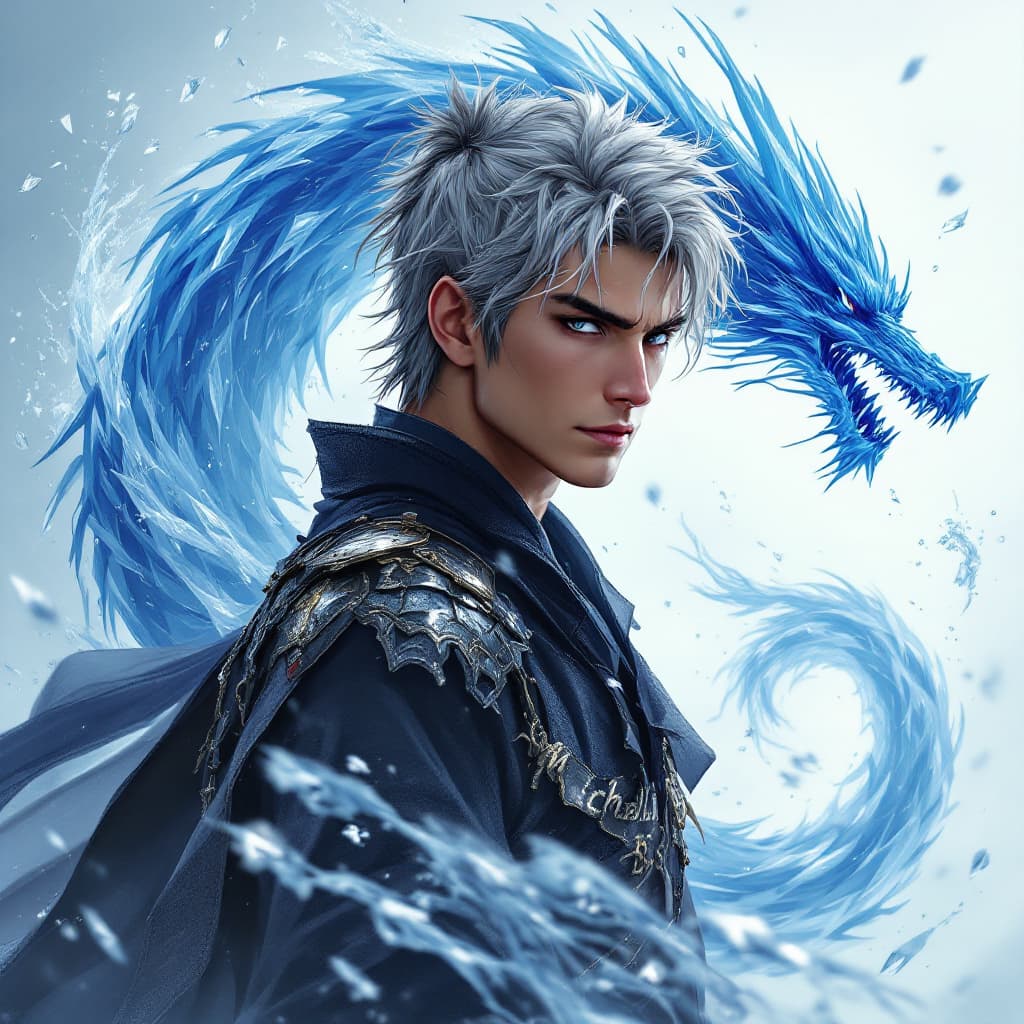 AI generated: ice dragon backround,gray hair, masculine samurai with a katana, "MichalisBS" writtenone time on the...