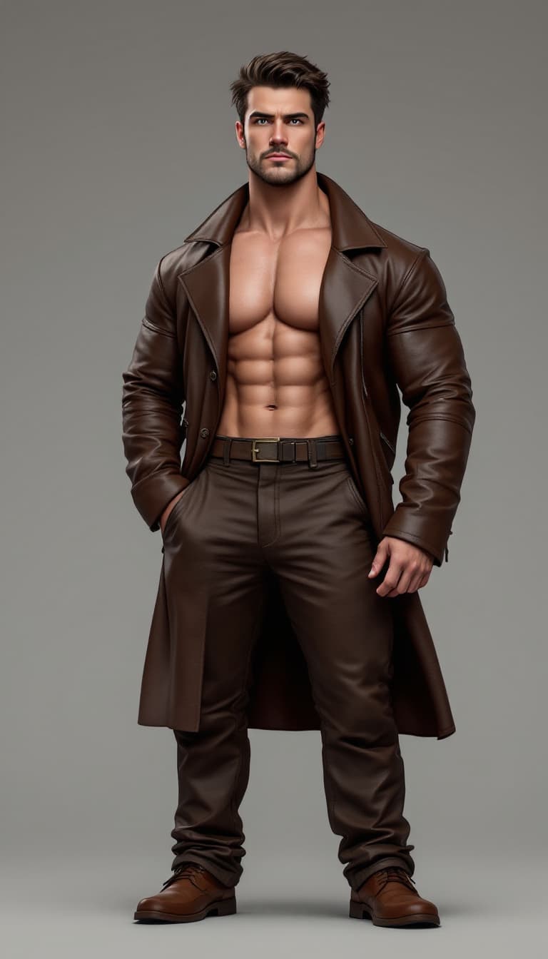 AI generated: A handsome american hunk man with six pack abs shirtless in brown leather overcoat and pants 

Model...