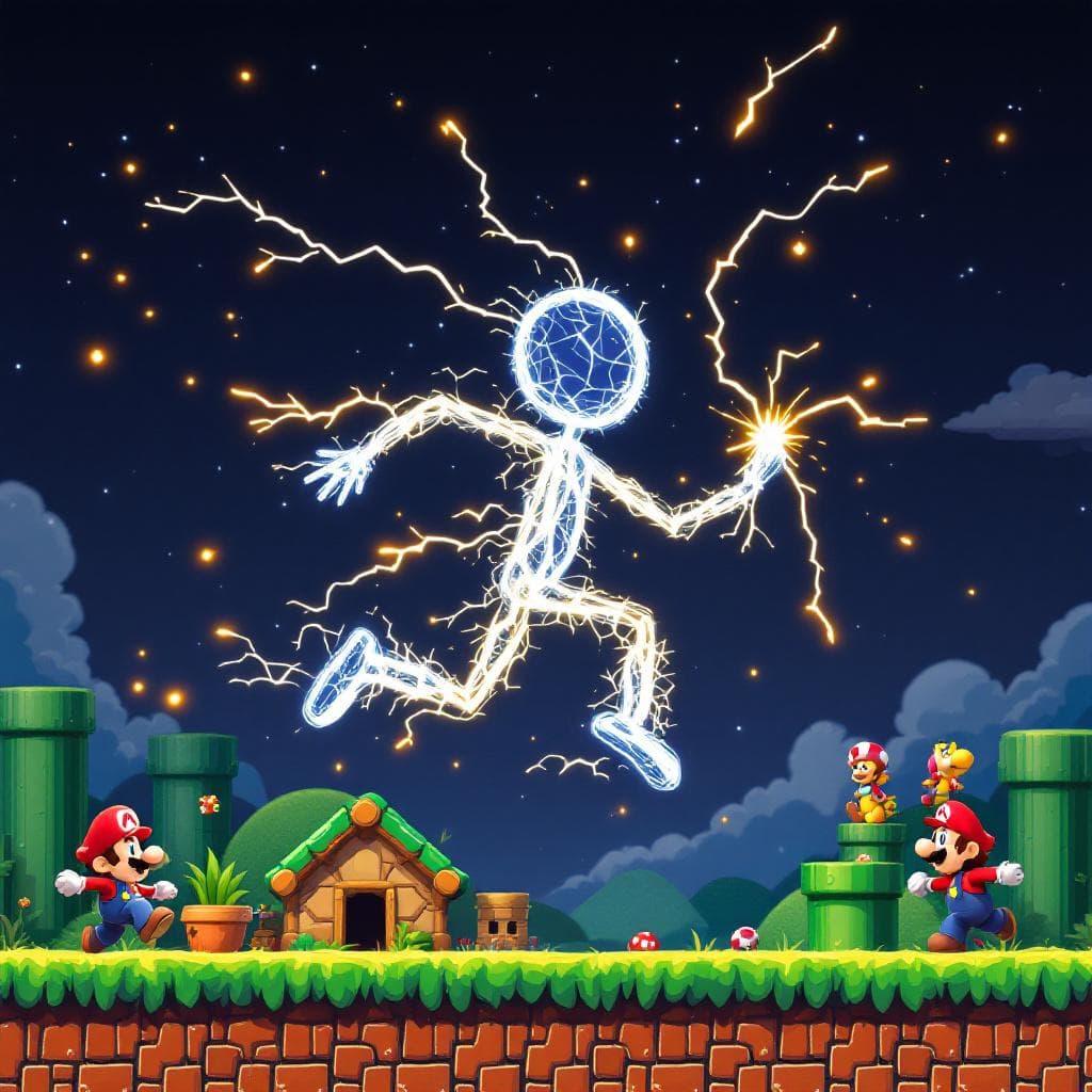 AI generated: a stick man made out of electricity sparks dancing in a mario bothers 2d environment. the background...