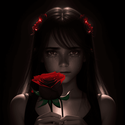 AI generated: crying girl,holding a red rose with torns,animated,high resolution,black and white backlight,volumet...