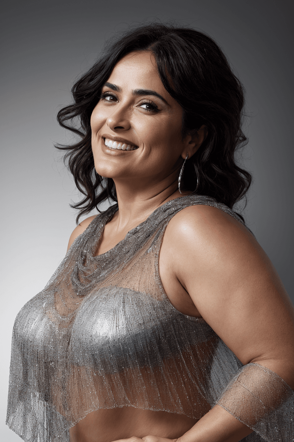 AI generated: dark background, dramatic light, backlight, rim lighting, (chubby:0.3), mexican woman 44yo, laughing...