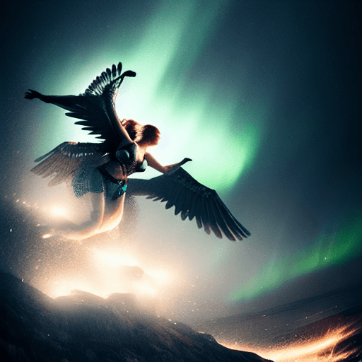 AI generated: A stunning portrait of a female valkyrie descending, aurora borealis in the background, centered| in...