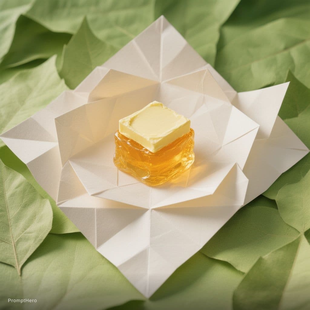 AI generated: Honey and butter , minimalist, origami style, background is leaf green