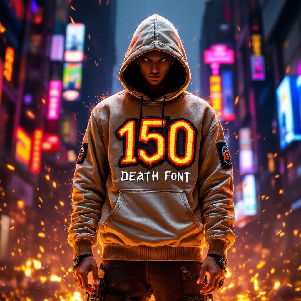 AI generated: cyberpunk GTA, DRAGON BALL GT BROLY  CHARACTER,  WEARING A SWEATER  WITH THE TEXT  "150" WITH death ...