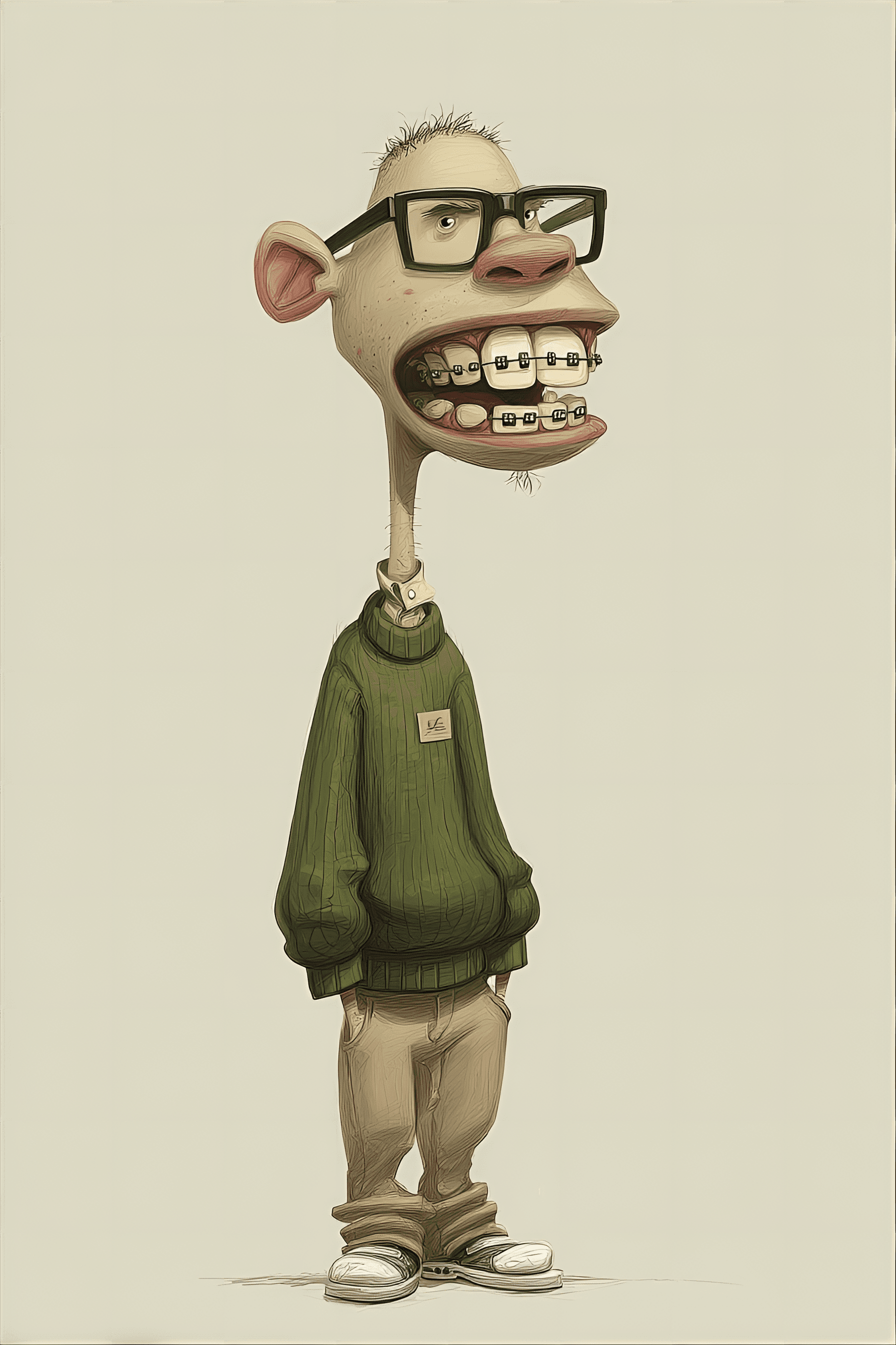 AI generated: funny caricature, nerdy cartoon creature, male, 15 years old, buck-toothed, bespectacled, awkward, e...