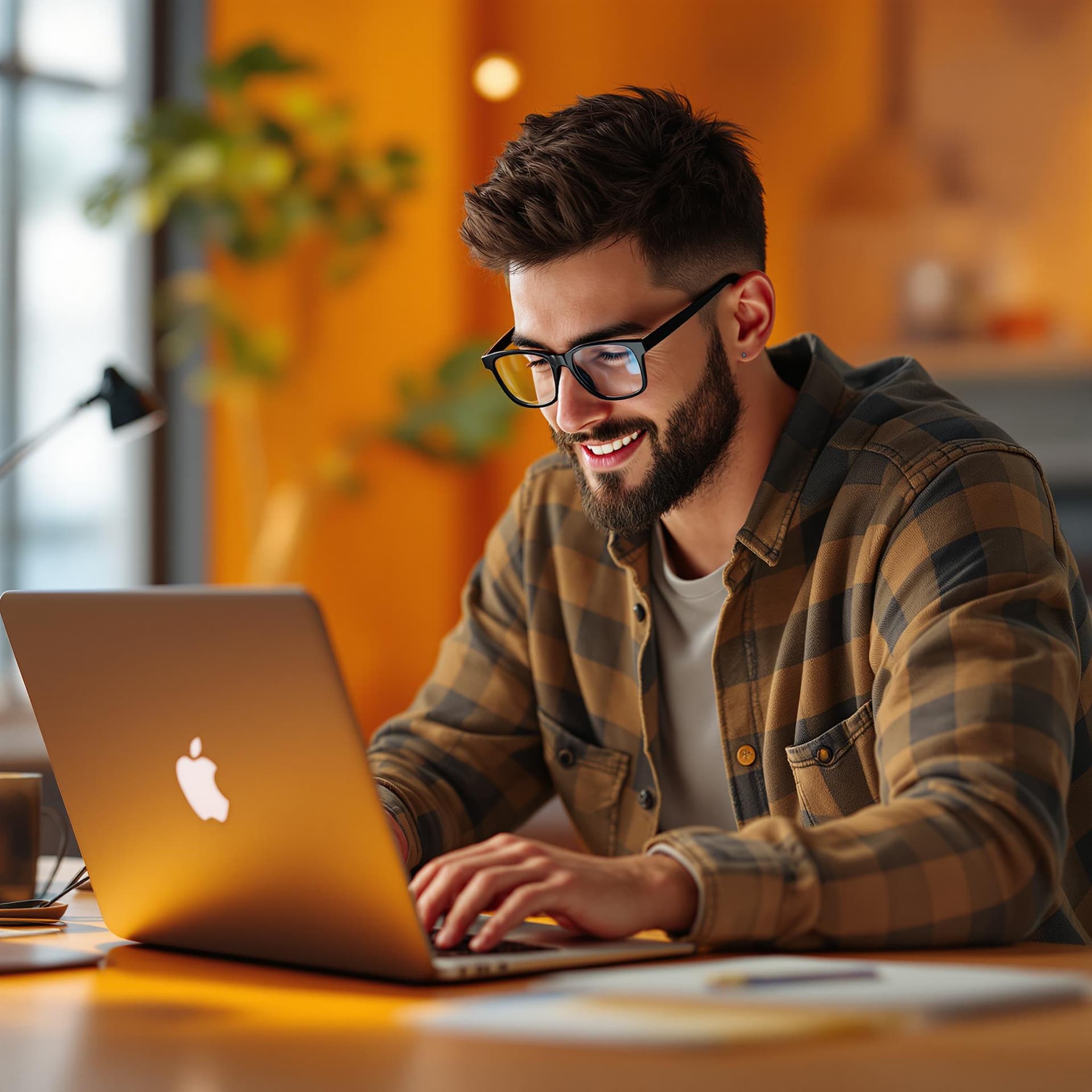 AI generated: a young man wearing glasses is using a laptop, a computer rendering by senior character artist, tren...