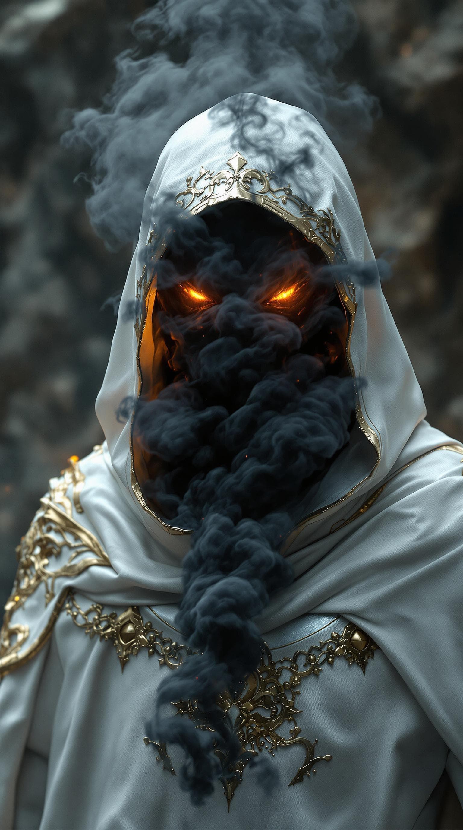 AI generated: Dark fantasy, shadow knights, (( white and gold plug suit, black smoke in plug suit)), (burning eyes...