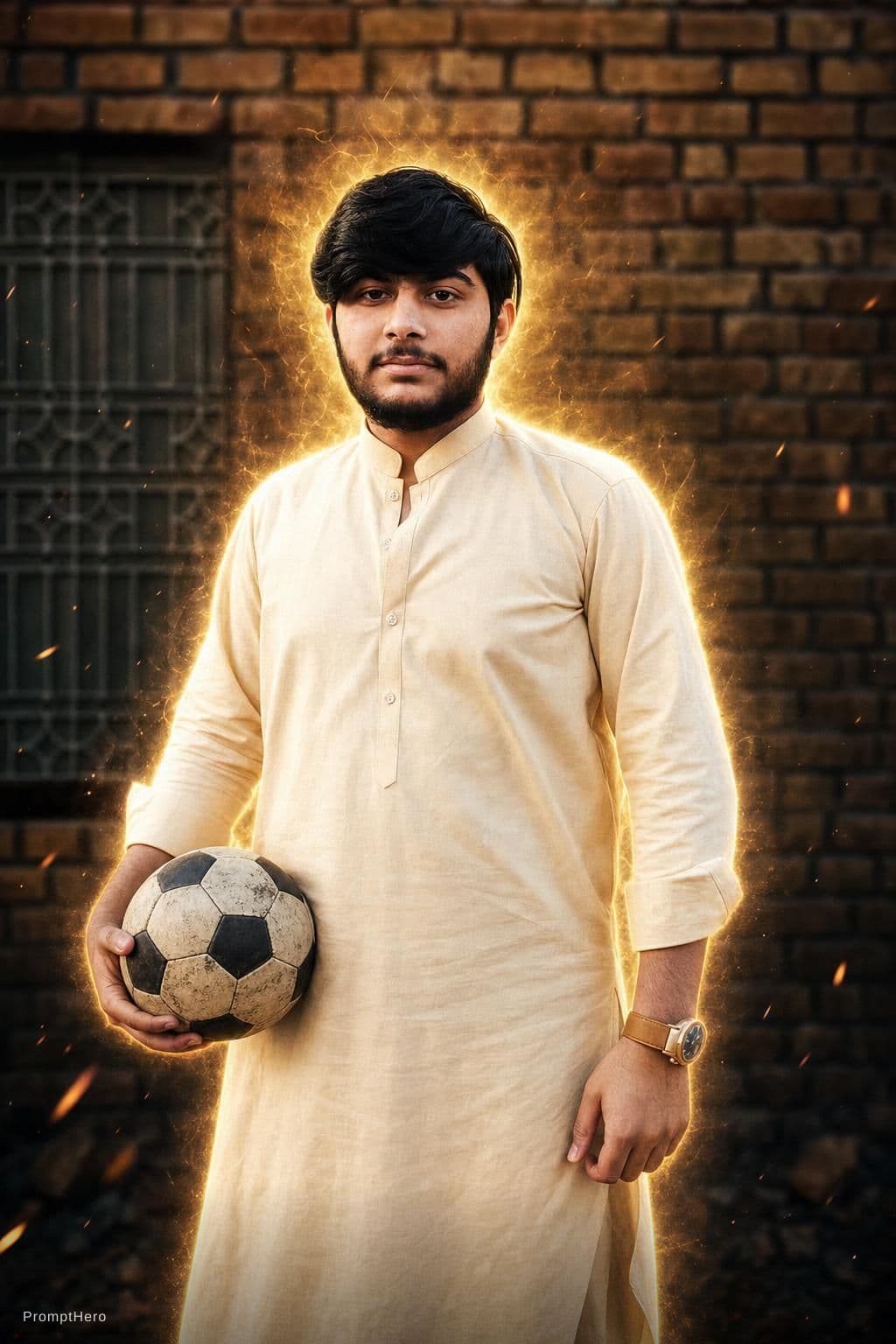 AI generated: Ik asi pic generate karo jis main ik larka football hath main liye khara ho aur edit asi ho jis se i...