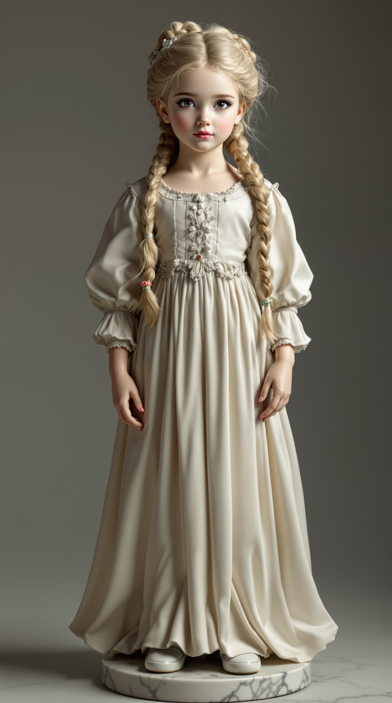 AI generated: A professional photograph captures the exquisite antique porcelain figurine of a ten-year-old girl, ...