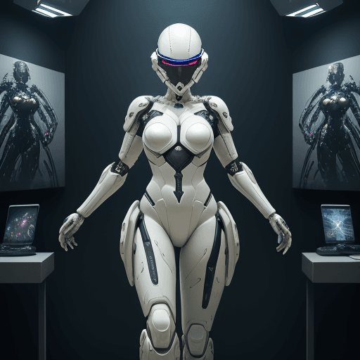 AI generated: fullbody armed female figure in a white sci-fi suit, detailed cyber helmet, bald head, lights on cyb...