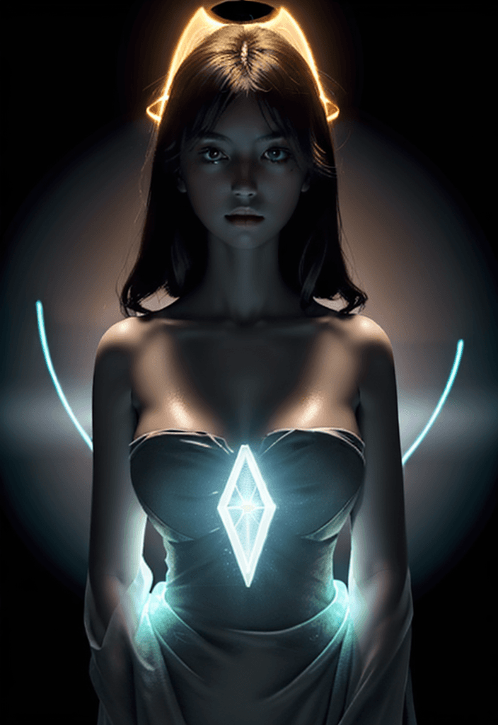 AI generated: Dark background, girl with a big detailed glowing halo behind, bust only