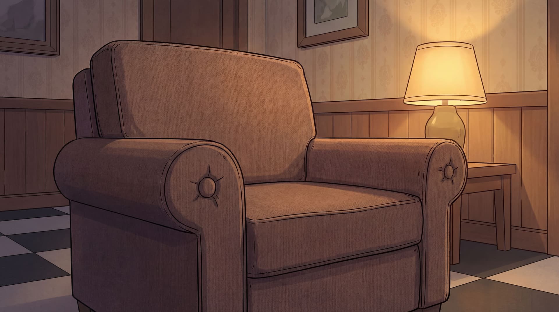 AI generated: focus on the one seat sofa full close up to that sofa in the back show wall and detail in back.