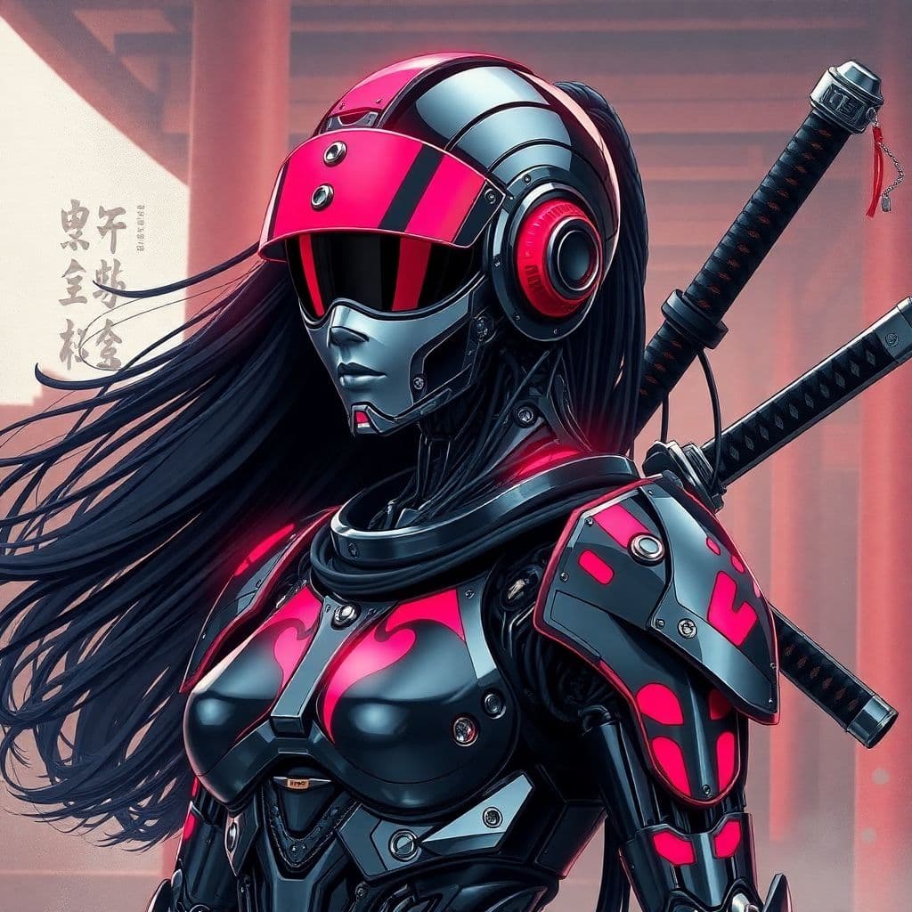 AI generated: in the style of ck-sfc, female cyberpunk robot samurai, robot face with mirrored face shield, hyperd...