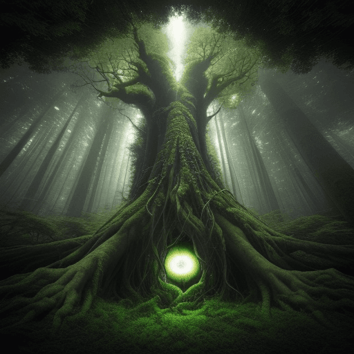 AI generated: Imagine a dense forest scene with tall, ancient trees towering overhead, their branches intertwined ...