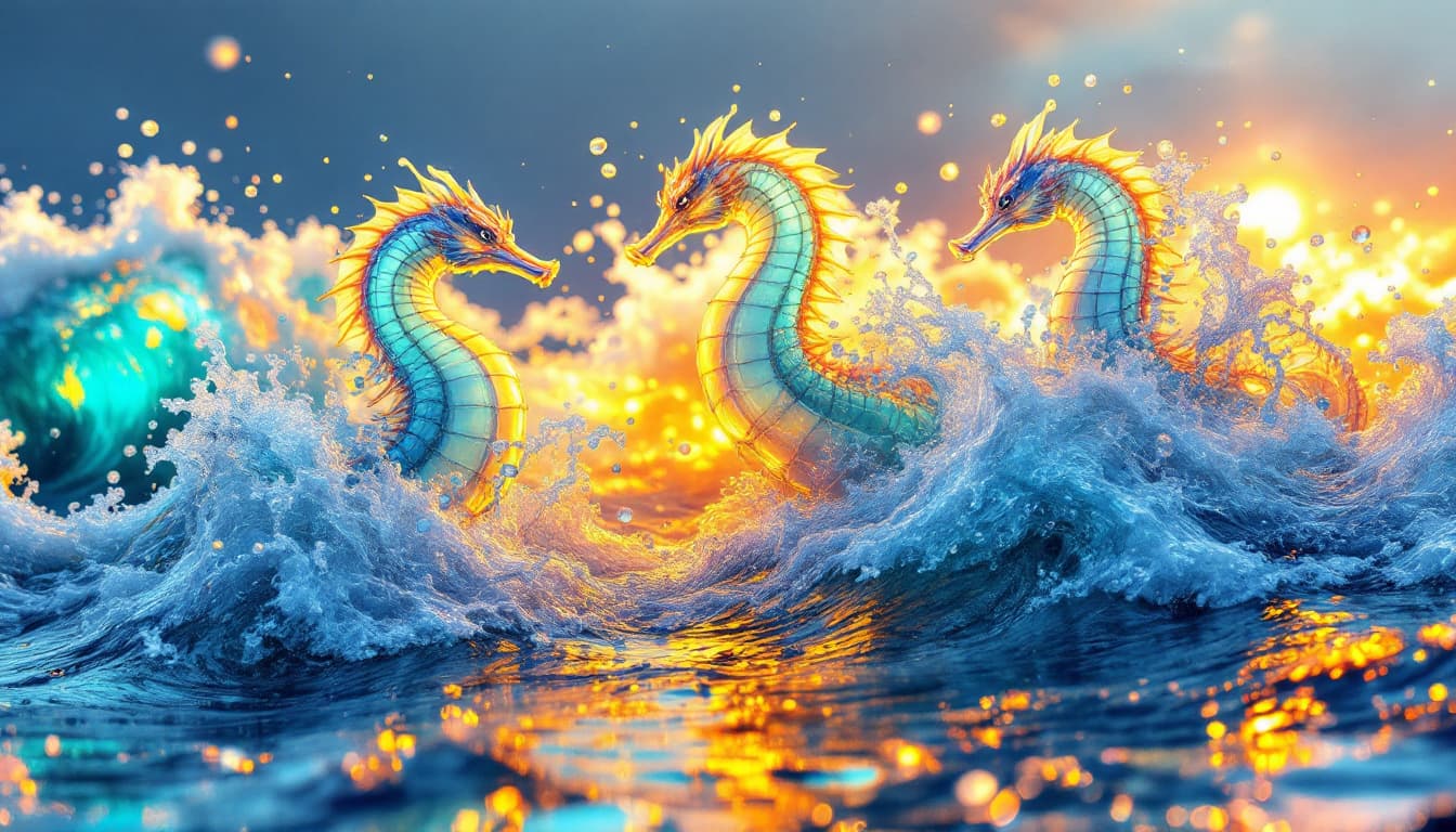 AI generated:     abstraction of multiple giants,made of transparent water,  sea horses,  ocean wave ,with sea foa...