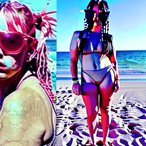 AI generated: Billie Eilish wearing bikini standing on beach, wearing microkini, massive boobs, freckles all over ...