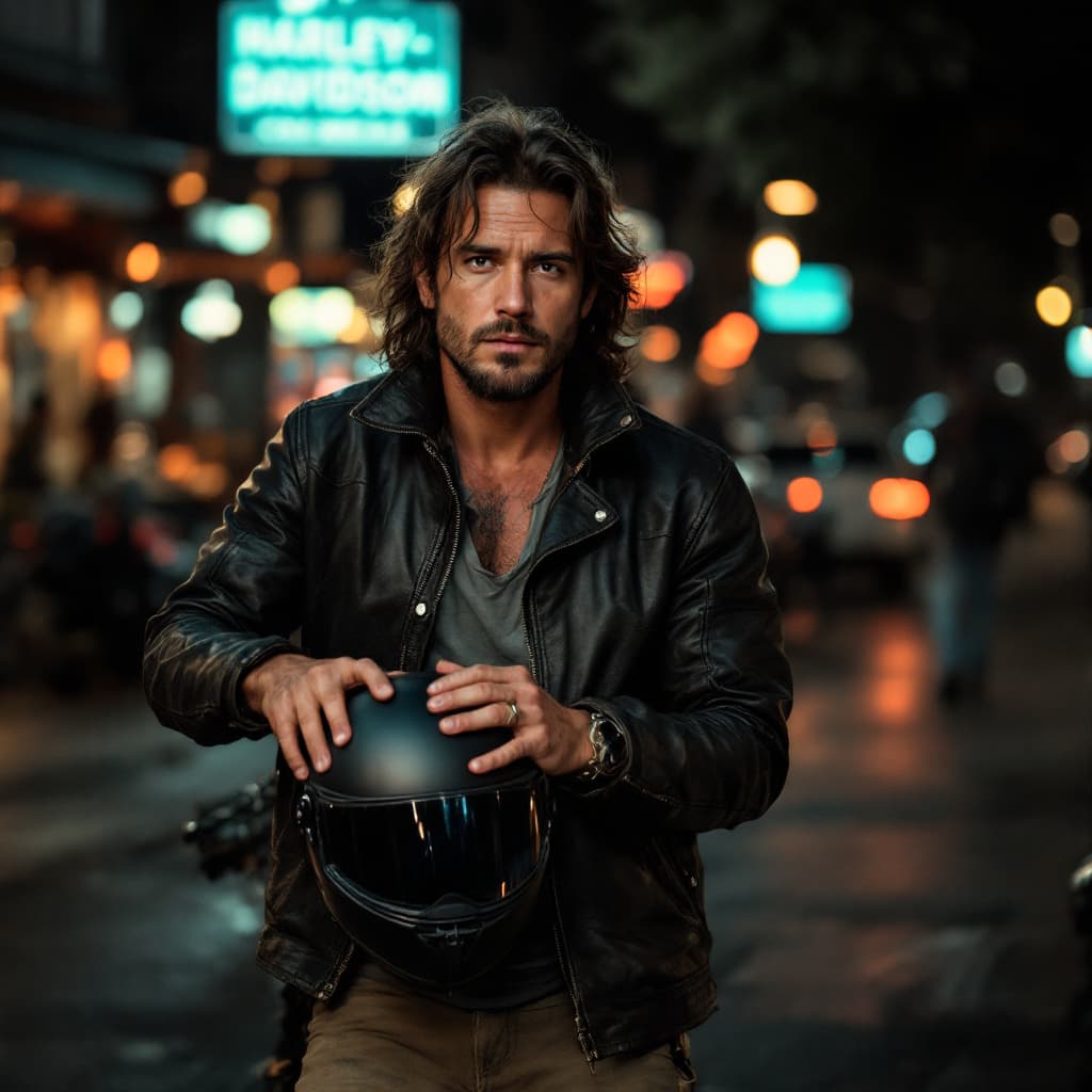 AI generated: photo of a middle-aged colombian long hair, 27 years old man, full body, wearing worn-out:1.2 leathe...