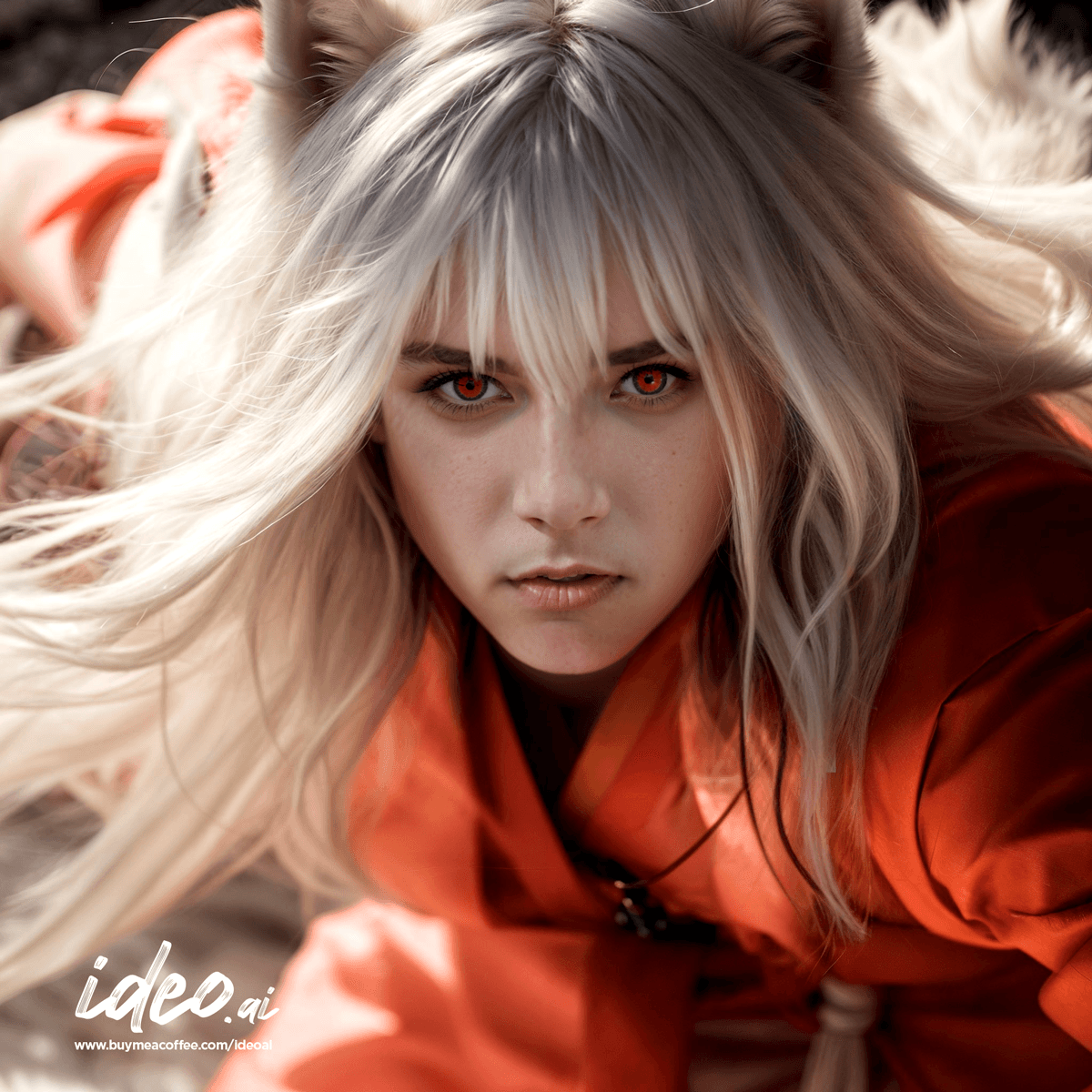 AI generated: RAW dramatic photo of a white handsome man of 18 years old, Inuyasha \(Inuyasha anime series), orang...