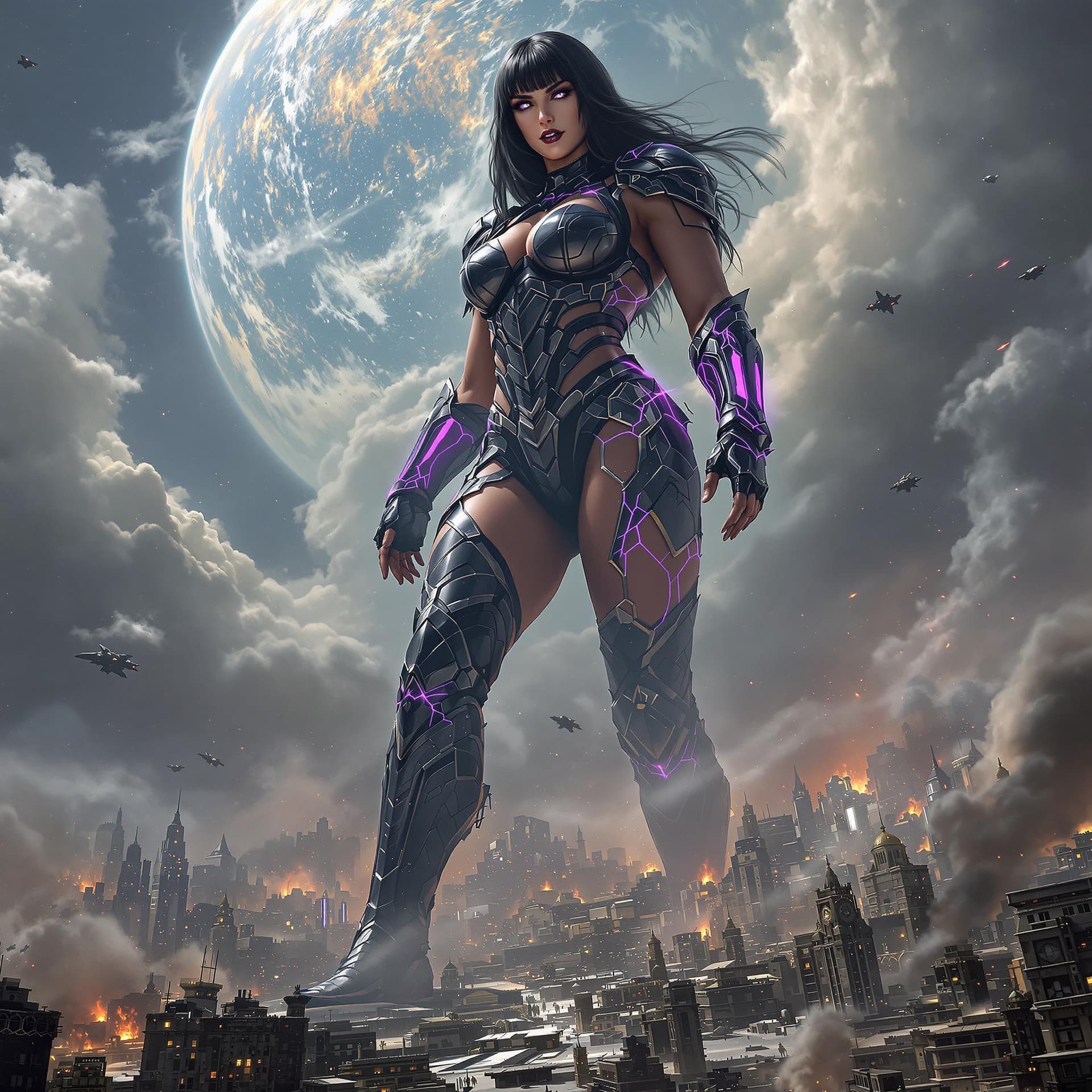 AI generated: truly enormous giantess female Rhea Ripley from WWE with black medium length hair and straight bangs...