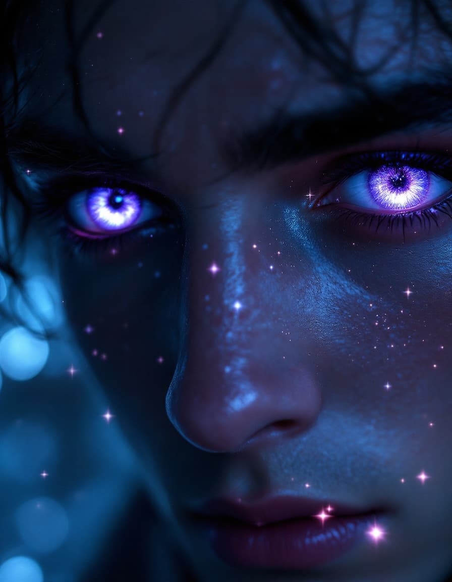 AI generated: pair of  male Violet eyes flecked with stars, glowing faintly in the dark, night sky reflected in ir...
