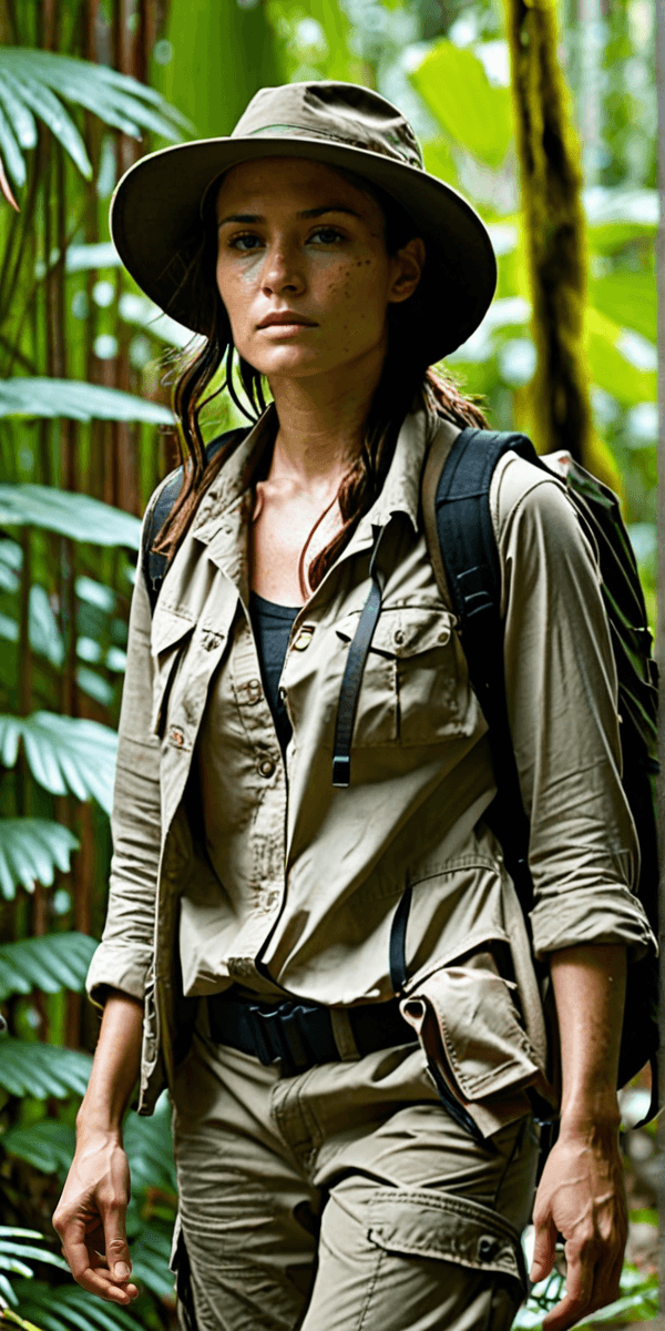 AI generated: Full Body, film still of, of a 29 year old woman, exploring the Amazon jungle, white shirt, leather ...