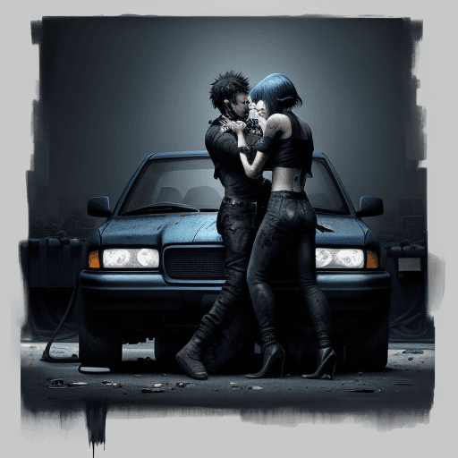 AI generated: Car being repaired by an auto mechanic, styled in dark blue and black, violent and heartbreaking com...