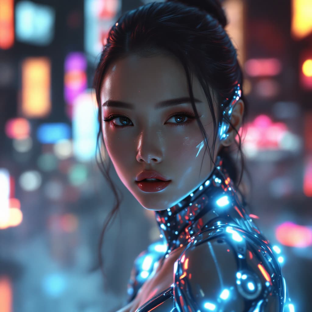 AI generated: A stunningly beautiful cybernetic Asian woman with cat-like facial features, mesmerizing almond-shap...