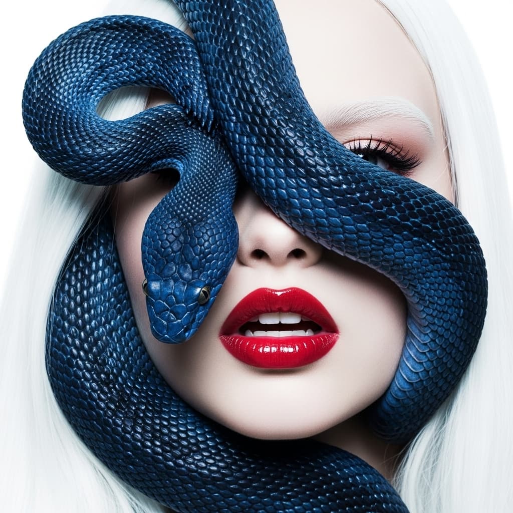 AI generated: A snake in deep blue #2d4fa3 wrapping around the girl’s face, its scales detailed and textured. The ...